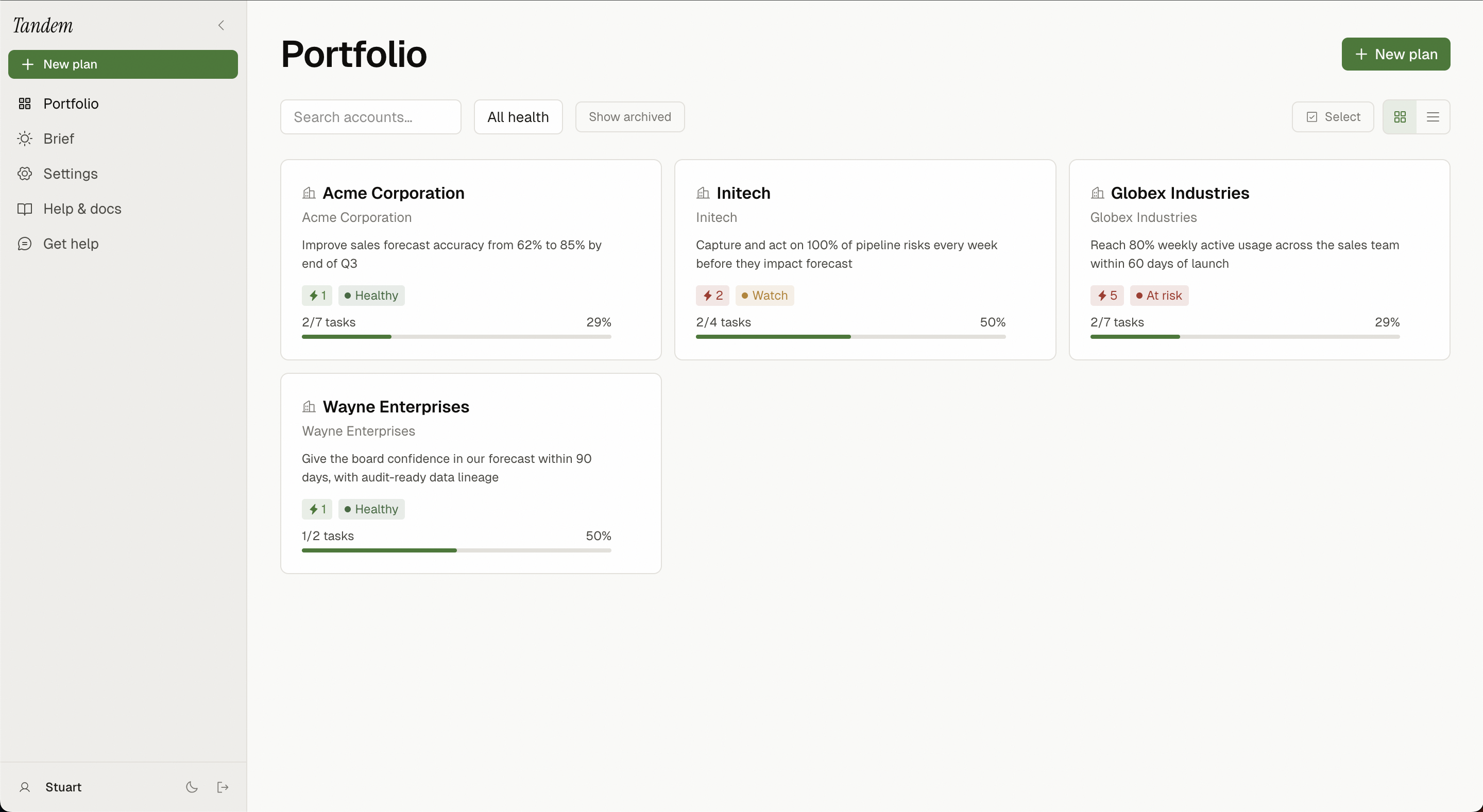 Portfolio dashboard showing multiple active plans