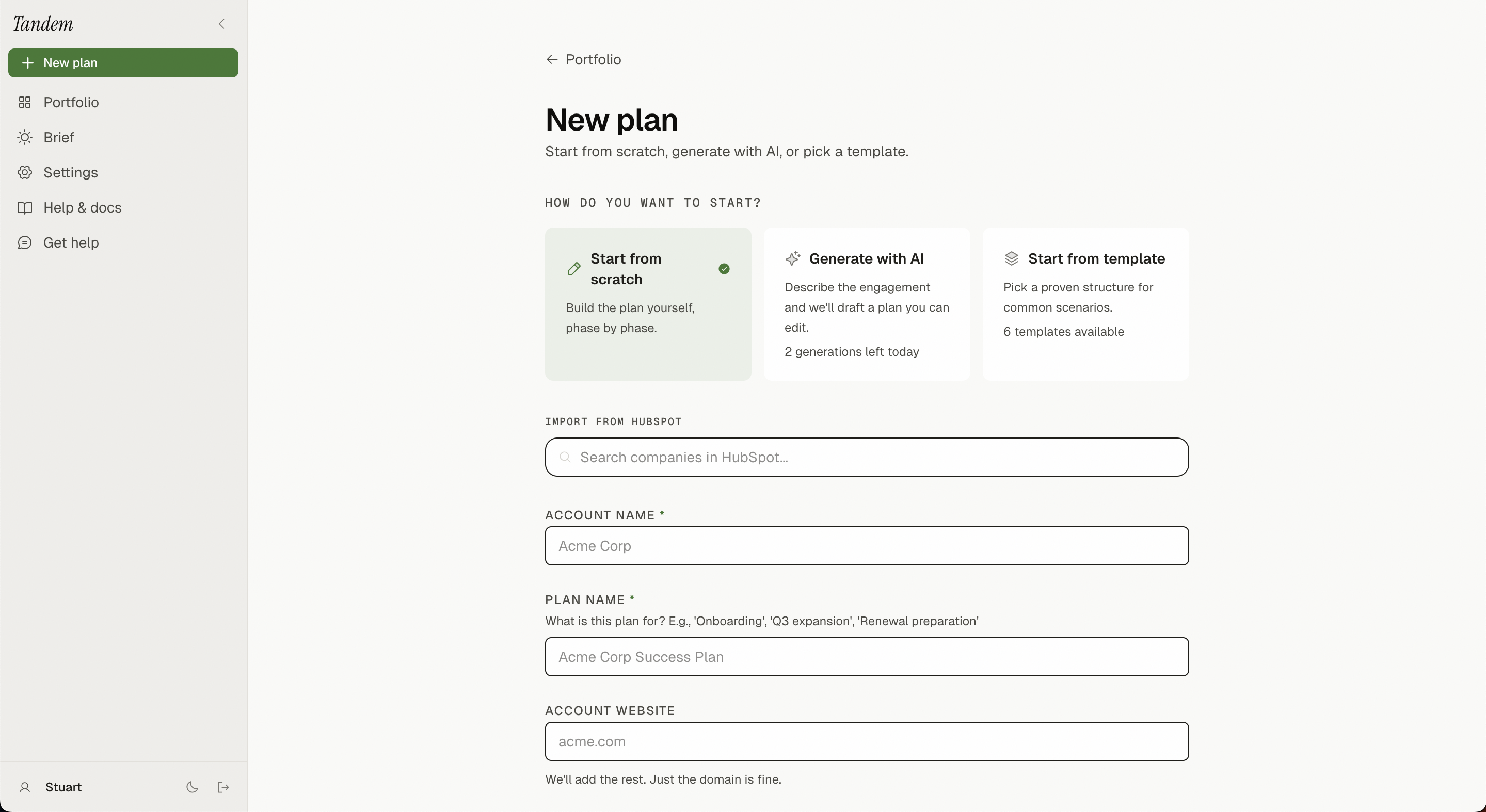 New plan screen